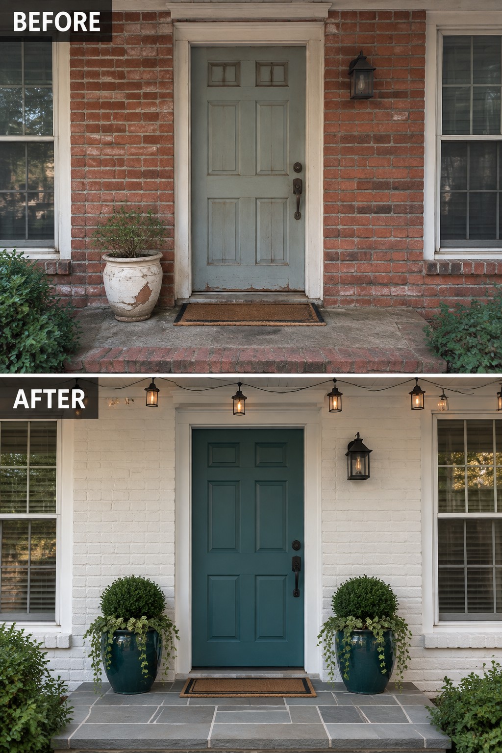 Before-and-after image of a brick front entry updated with white paint, a new teal door, two matching planters, and string lights with lanterns.
