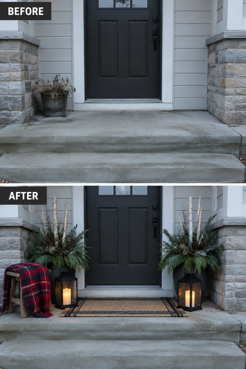 Before-and-after image of a plain front entry updated with matching planters, lanterns, and a doormat.