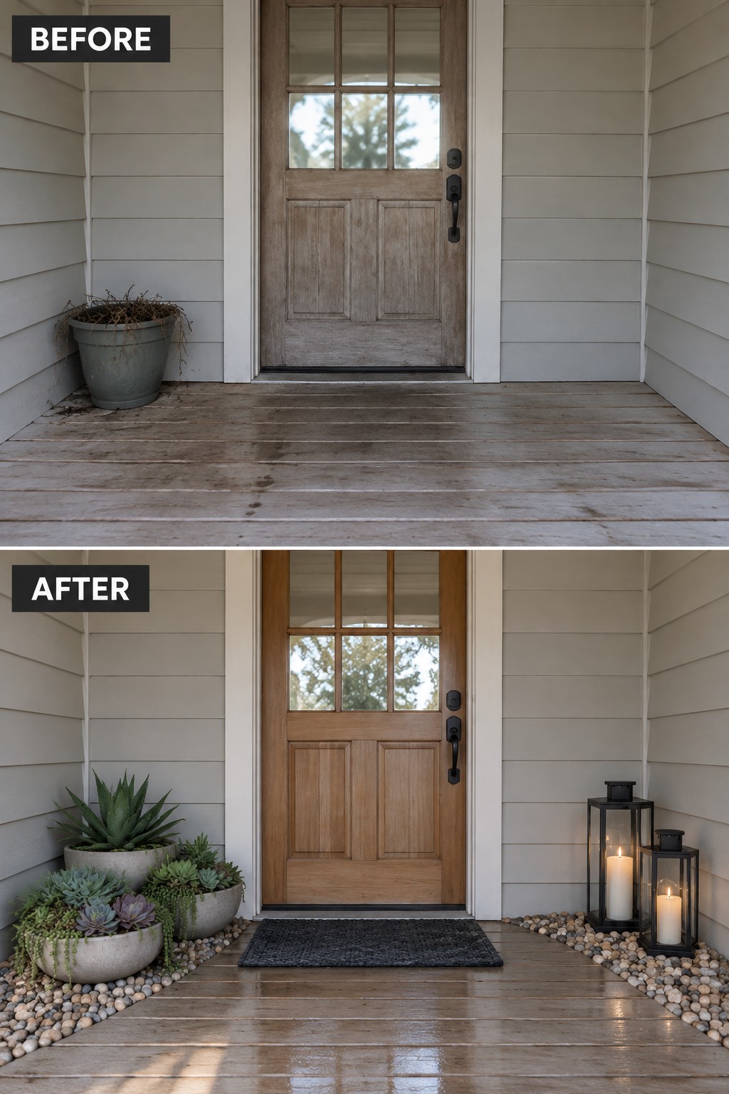 Before and after porch with wooden door, succulents, lanterns, and pebble accents.