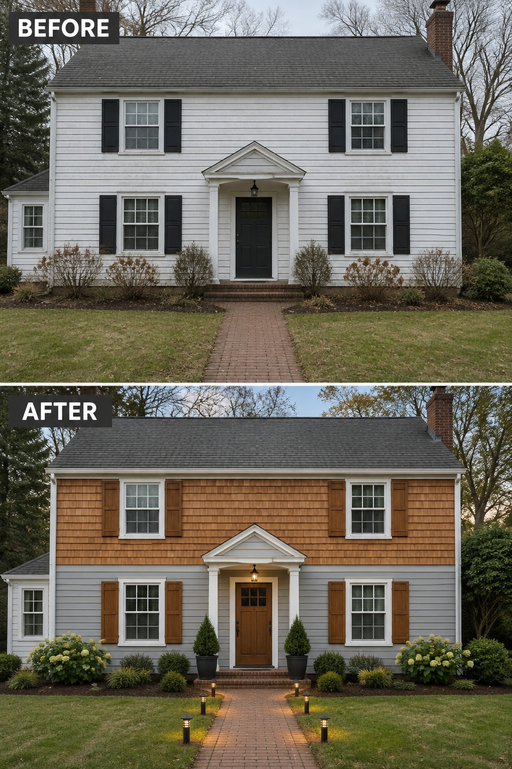 Before-and-after house exterior with new cedar shingles, gray siding, brown shutters, and pathway lighting.