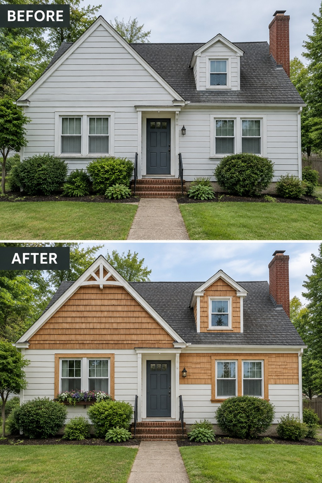 Before-and-after image of a white Cape Cod house exterior updated with cedar shingles on the front gable and side sections plus wood trim around the windows.