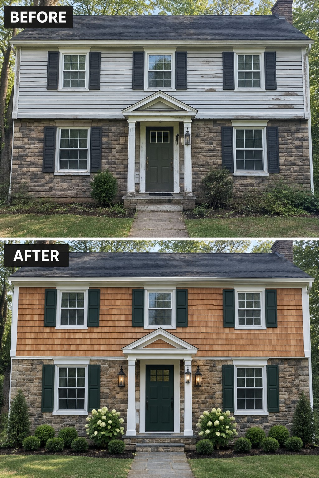 Before and after house renovation with cedar shake siding and new landscaping