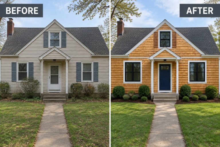 Before and after house exterior with new wood siding, windows, and blue door.