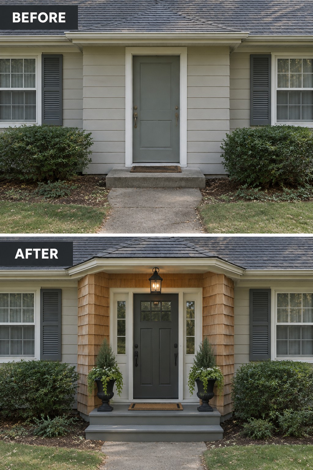 Before-and-after image of a Cape Cod home showing a plain front entry transformed with cedar shingles, a gabled porch overhang, new steps, and planters.