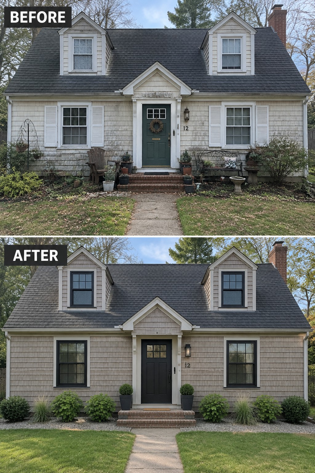 Before and after of a house exterior with new black door and tidy landscaping.