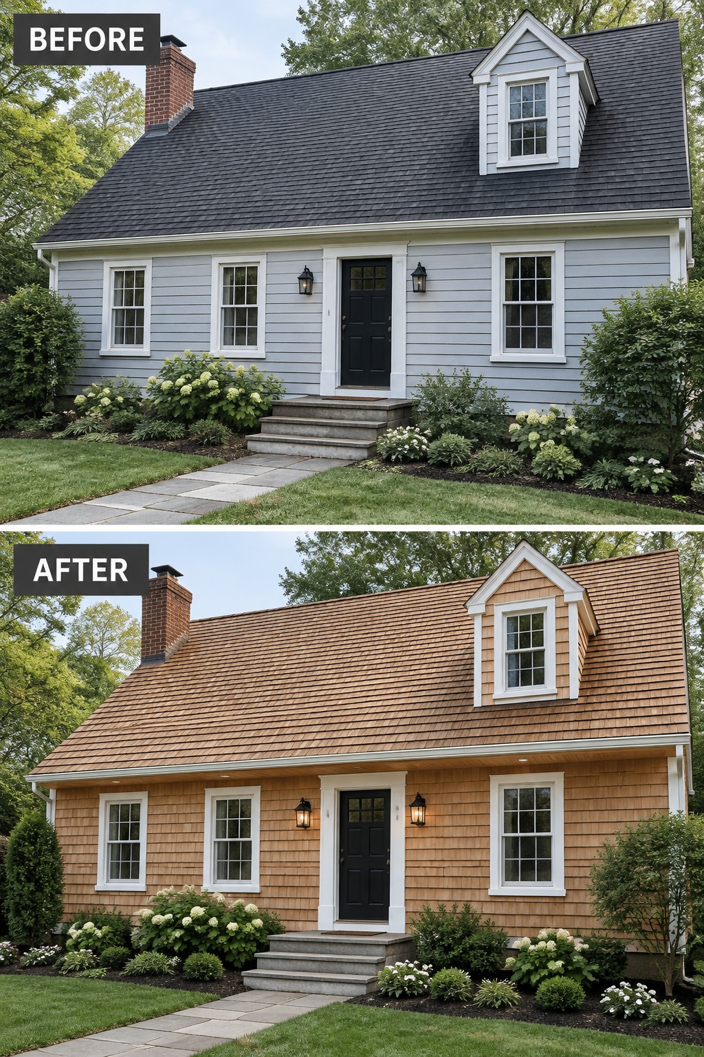 Before-and-after image of a Cape Cod home exterior changed from light painted siding to natural cedar shingles.