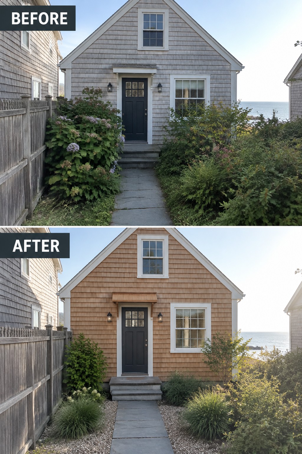 Before-and-after coastal home with gray-to-tan siding and trimmed landscaping