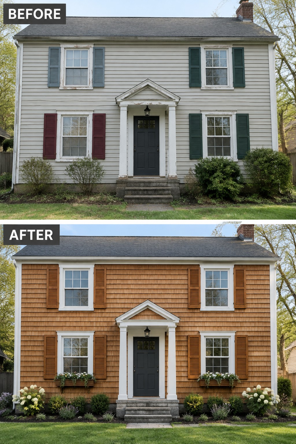 Before-and-after house exterior with new wood shingles, brown shutters, and added flowers.