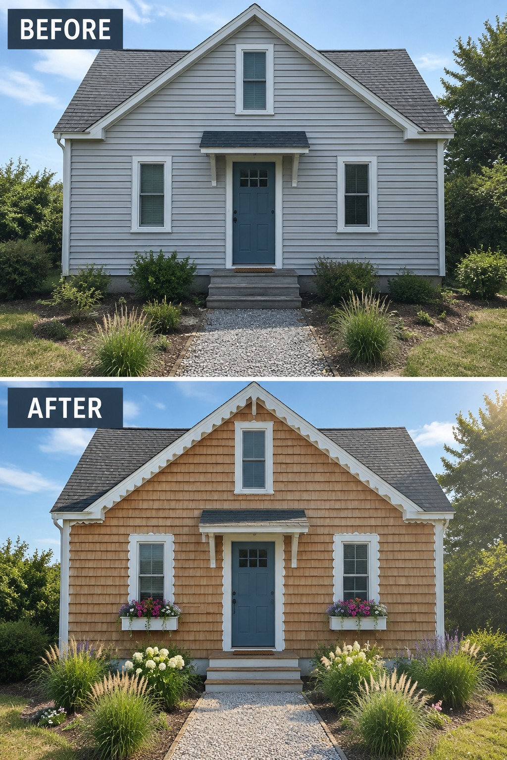 Before-and-after views of a house with gray siding renovated to cedar shingles and flower boxes.