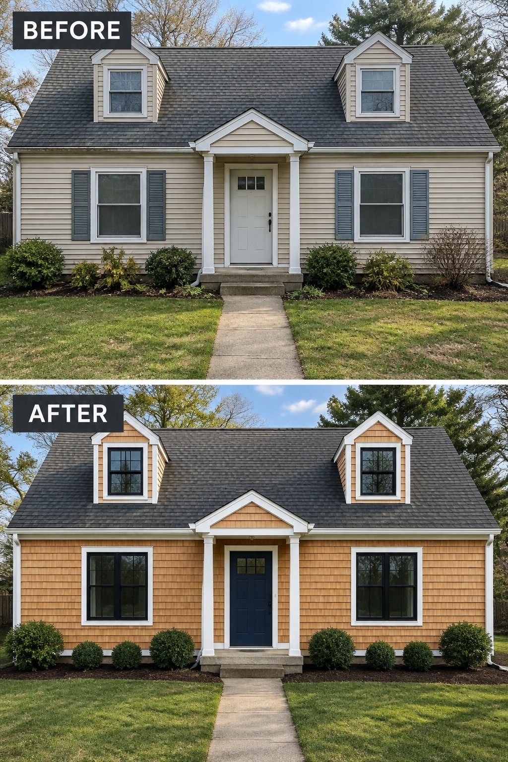 Before and after house exterior with new wood siding, windows, and blue door.