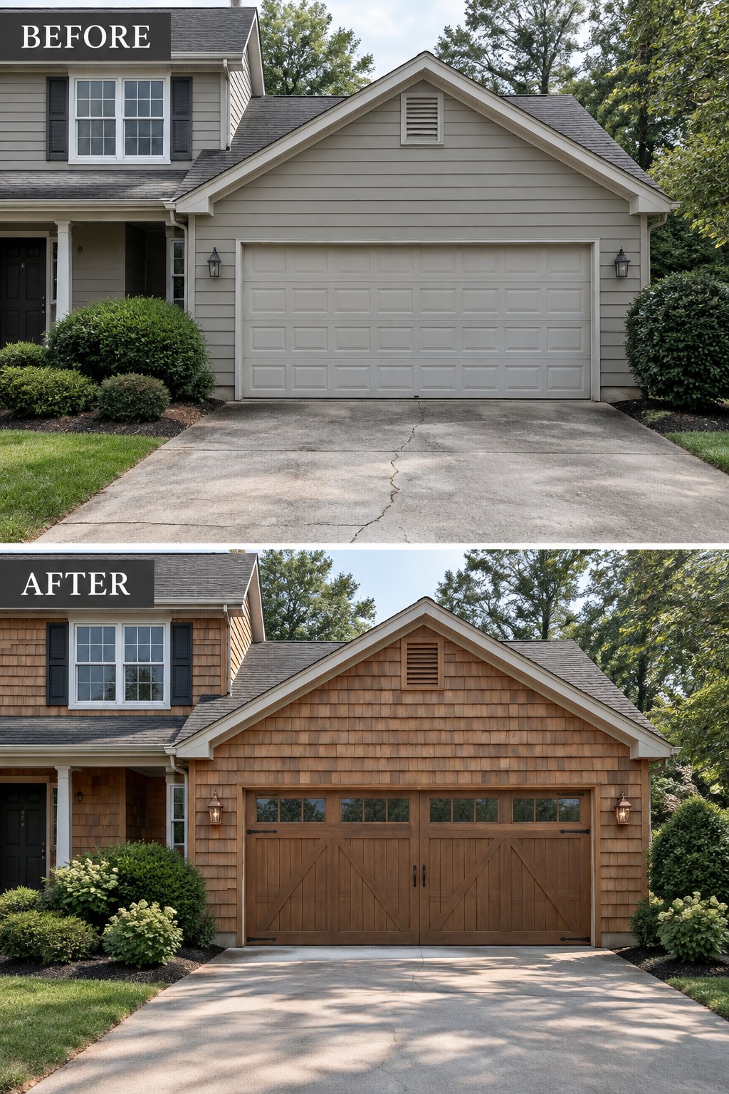 Before-and-after image of a house exterior updated with cedar shingle siding and a new wooden garage door.