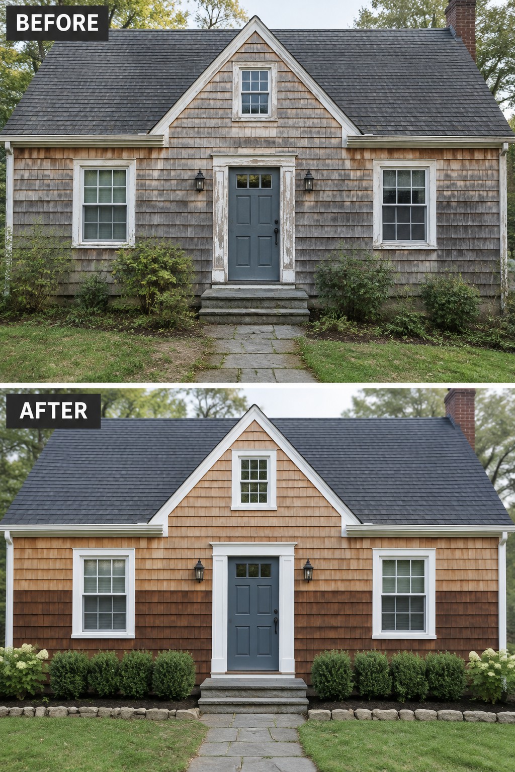 Before and after of a shingled house with refreshed brown siding and landscaping.