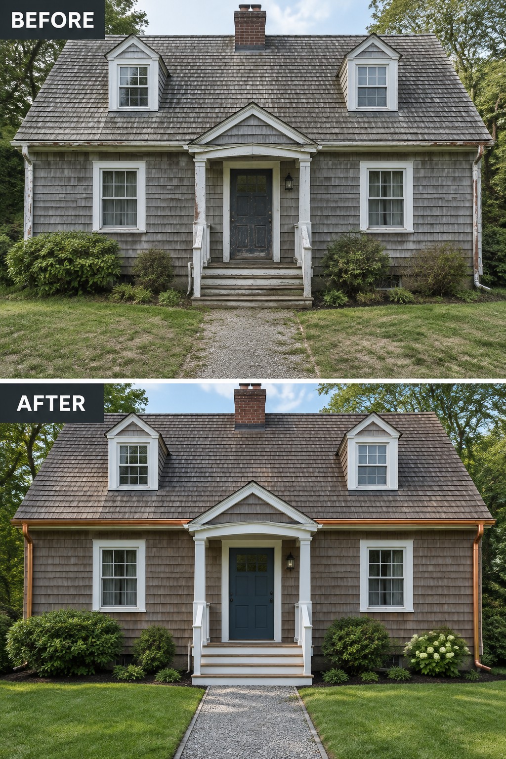 Before-and-after image of a Cape Cod house showing weathered gray shingles updated to fresh cedar shingles with new white trim and copper gutters.