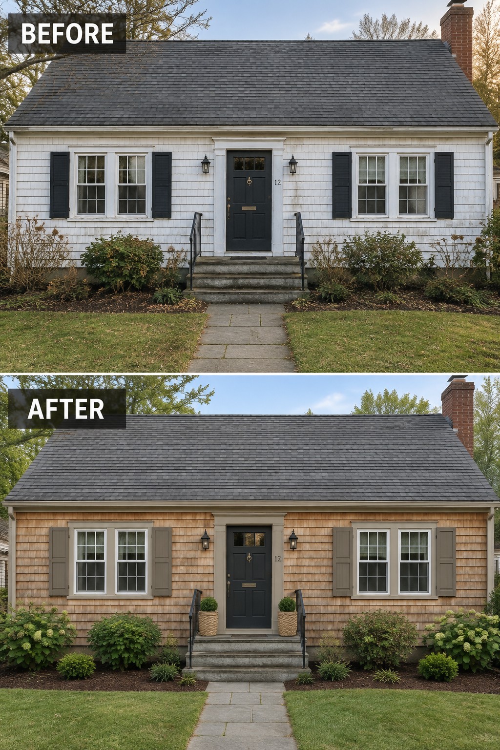 Before-and-after house exterior with new cedar siding, shutters, and landscaping