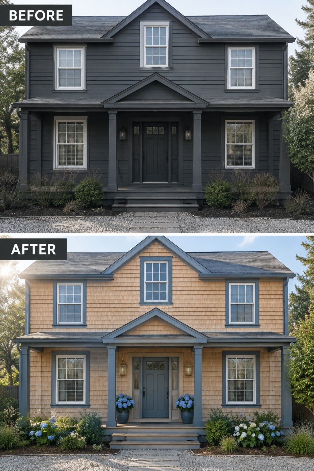Before-and-after image of a dark gray house exterior changed to light cedar shingles with blue-gray trim and added planters by the front door.