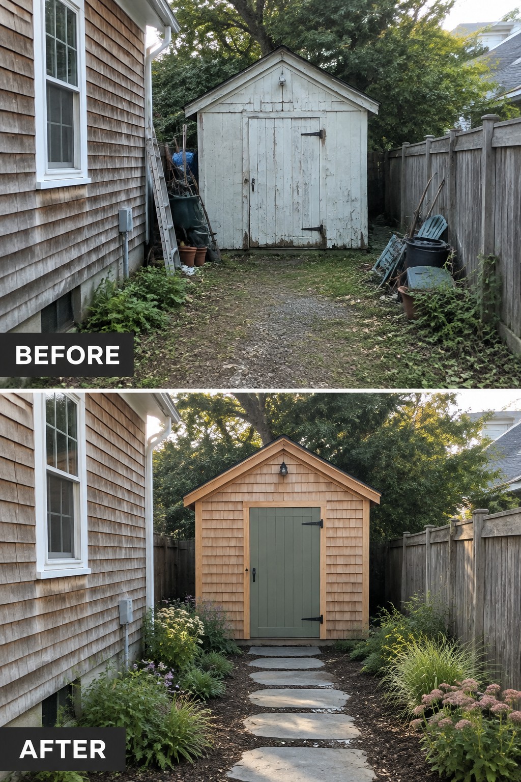 Before and after of cluttered white shed renovated to wood with green door and stone path