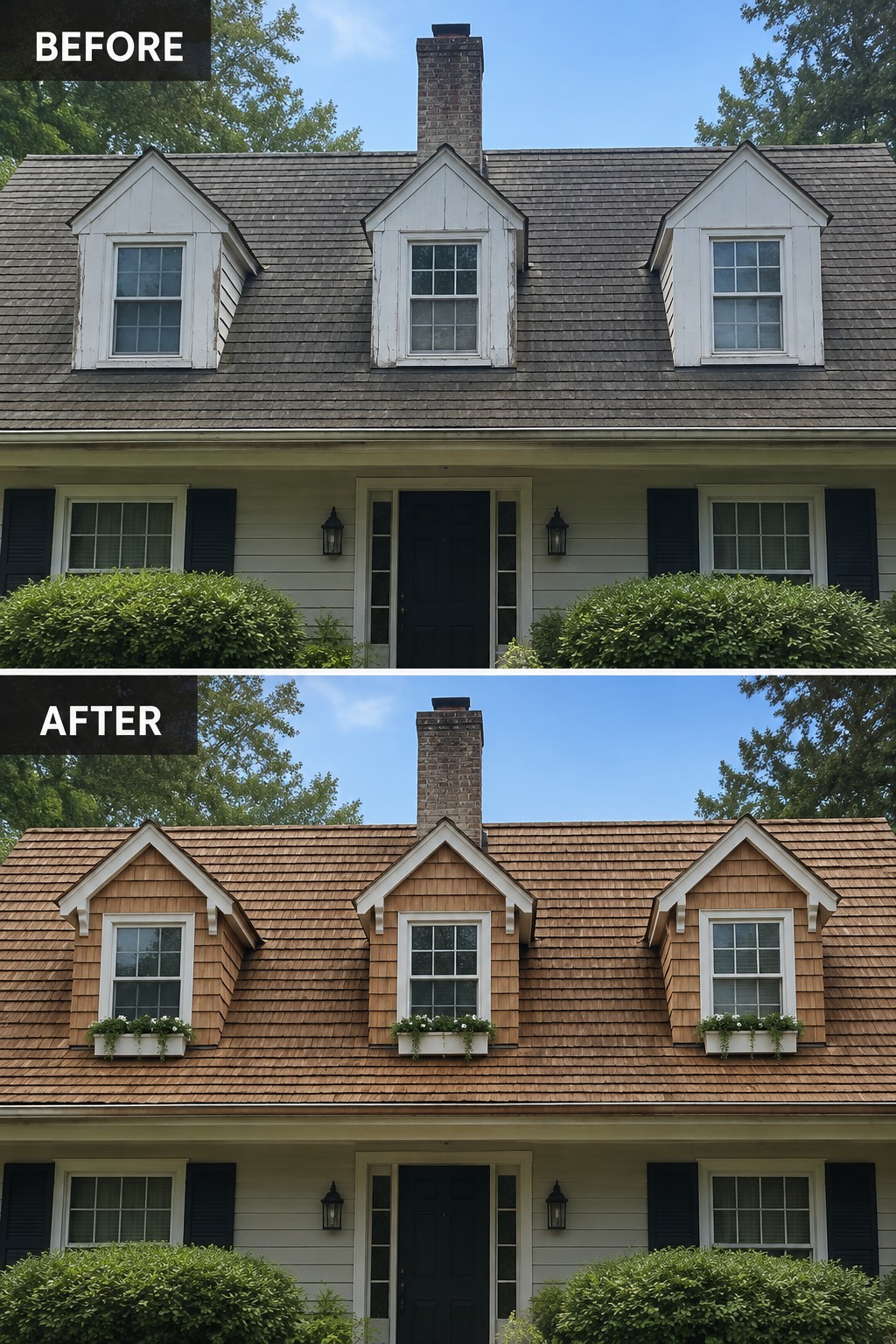 Before-and-after image of a Cape Cod house exterior with the roof and dormers updated using cedar shingles.