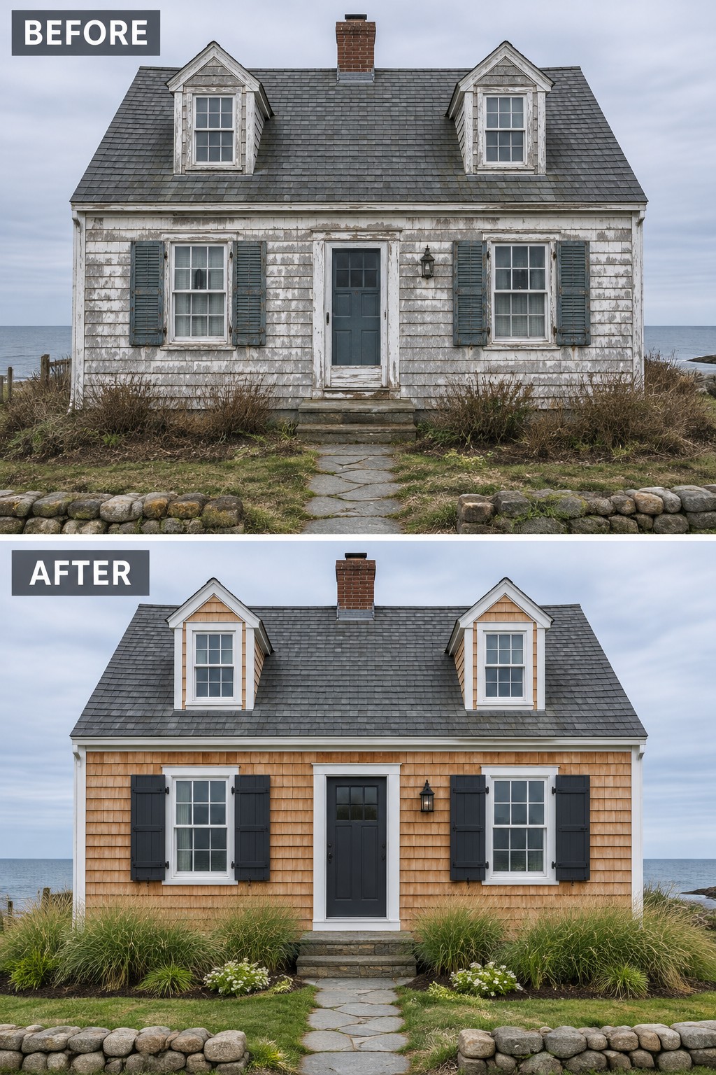 Before and after of weathered coastal house with fresh paint and landscaping