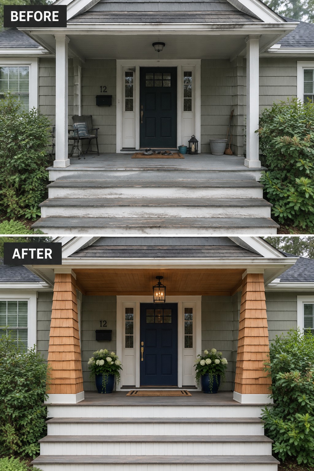 Before-and-after porch renovation with wooden columns, potted flowers, and fresh paint