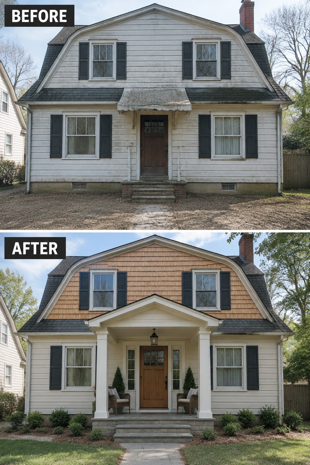 Before-and-after image of a Dutch colonial house showing an added front porch with columns, updated upper siding, new steps, and improved landscaping around the entry.