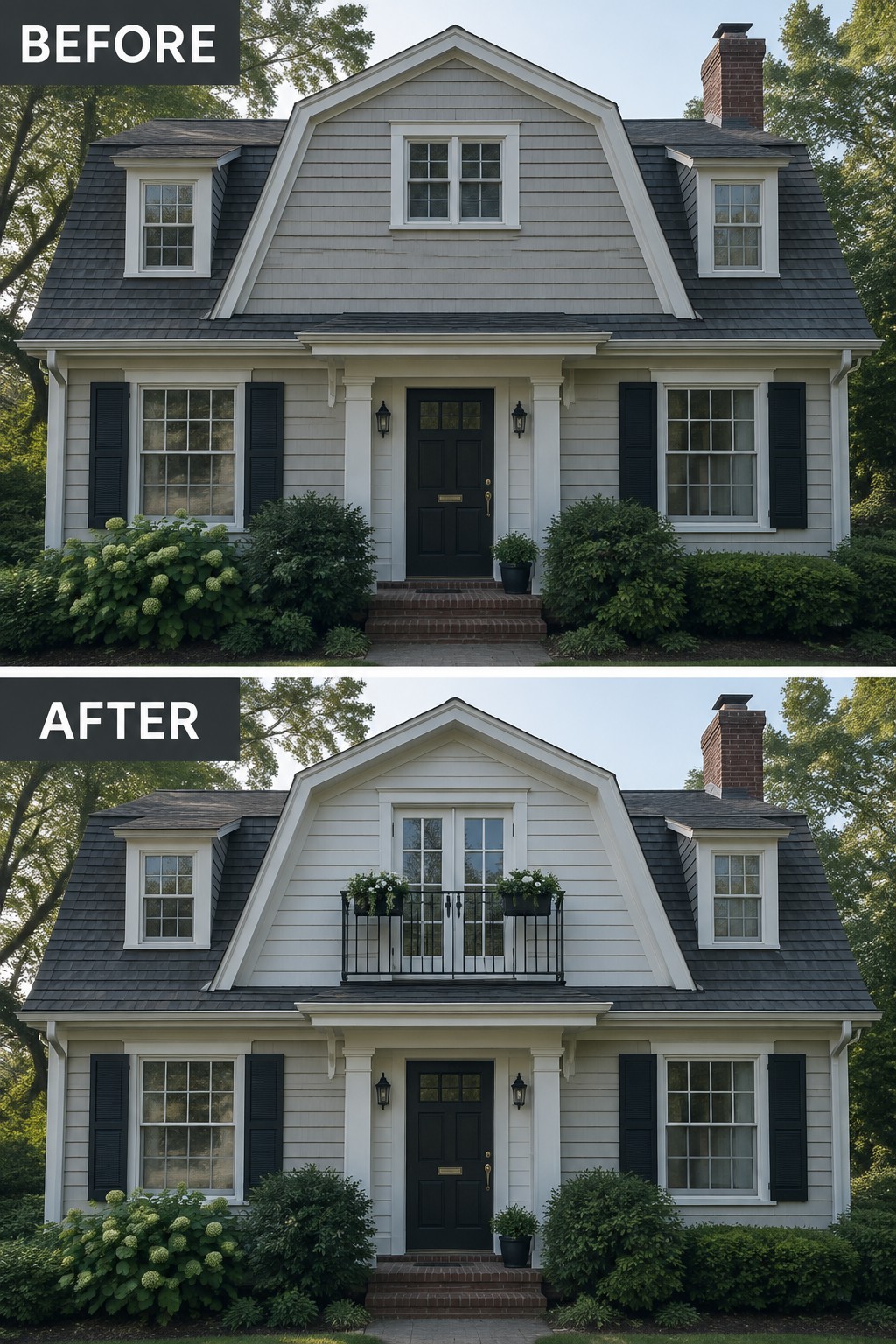Before-and-after image of a Dutch Colonial house where the upper central window was replaced with French doors, a balcony, and planters.