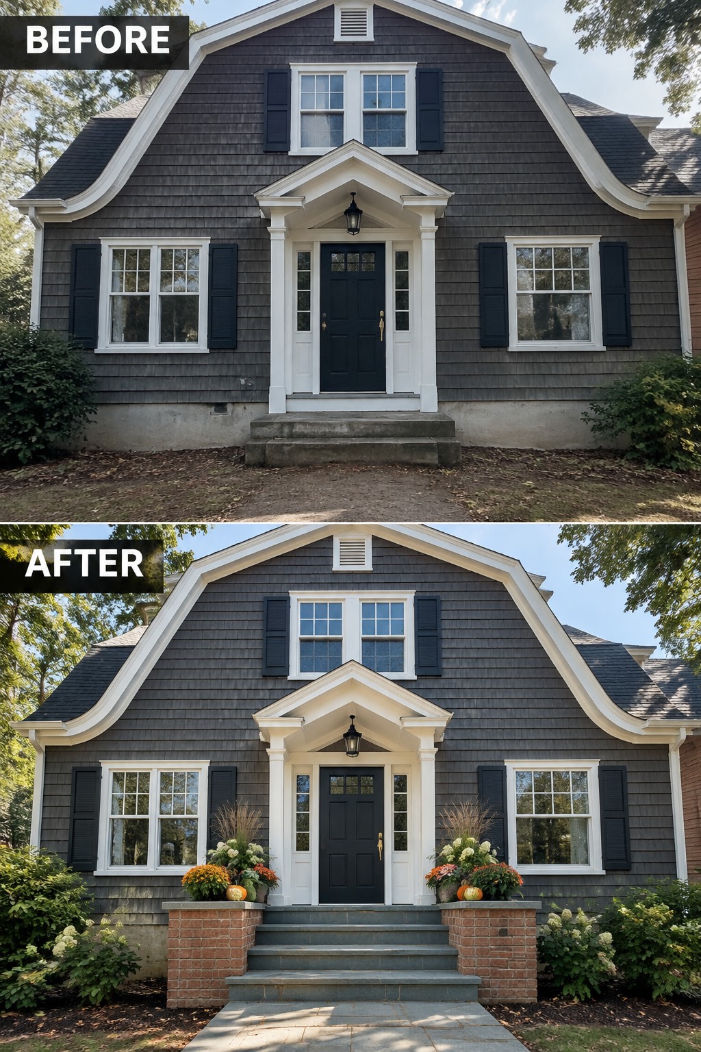 Before-and-after view of gray shingled house with new brick planters, flowers, and steps.