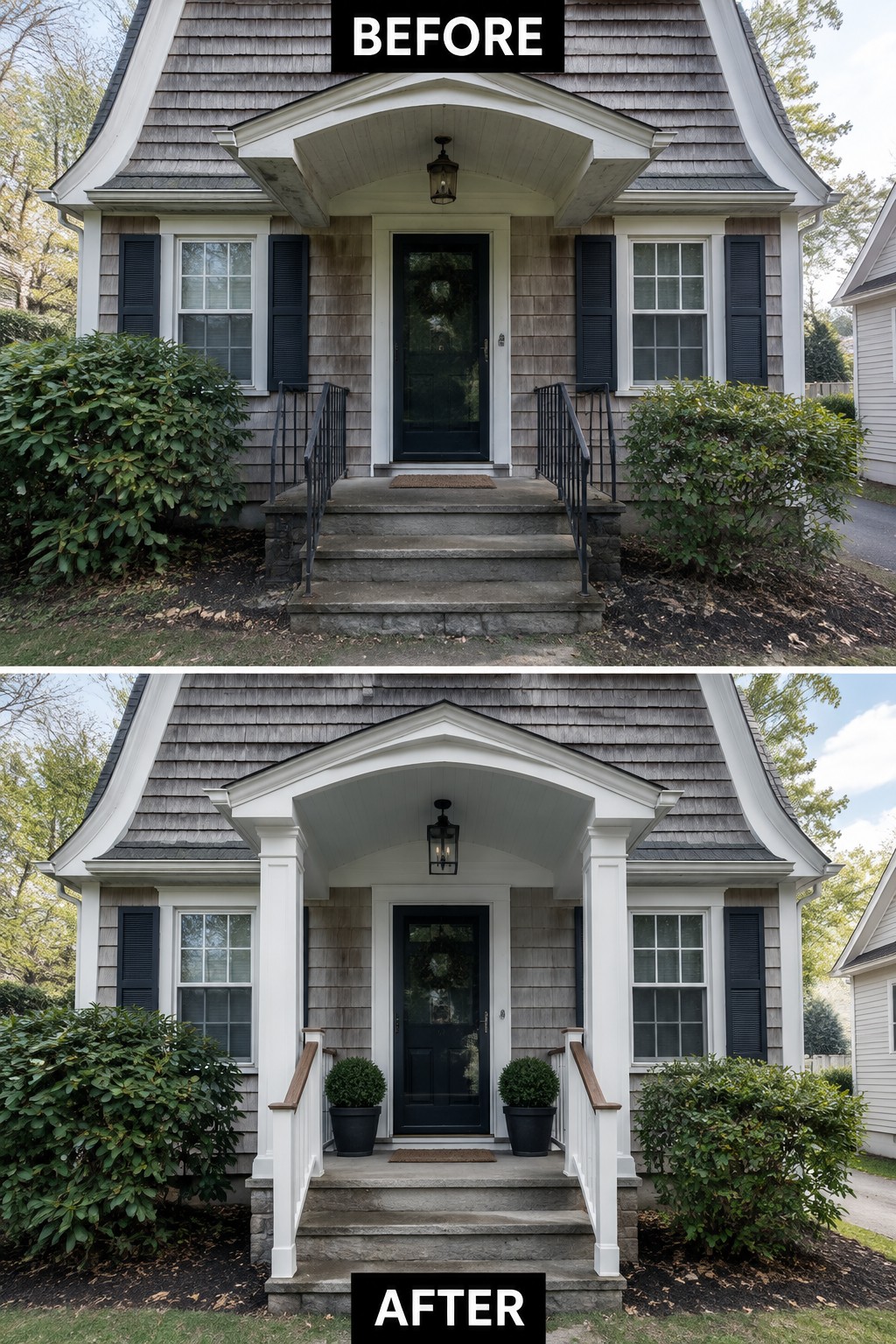 Before-and-after house entrance with new white columns, railings and potted plants.