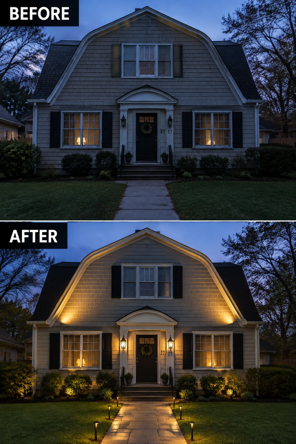 Split image of gray house before and after adding warm exterior accent lighting.