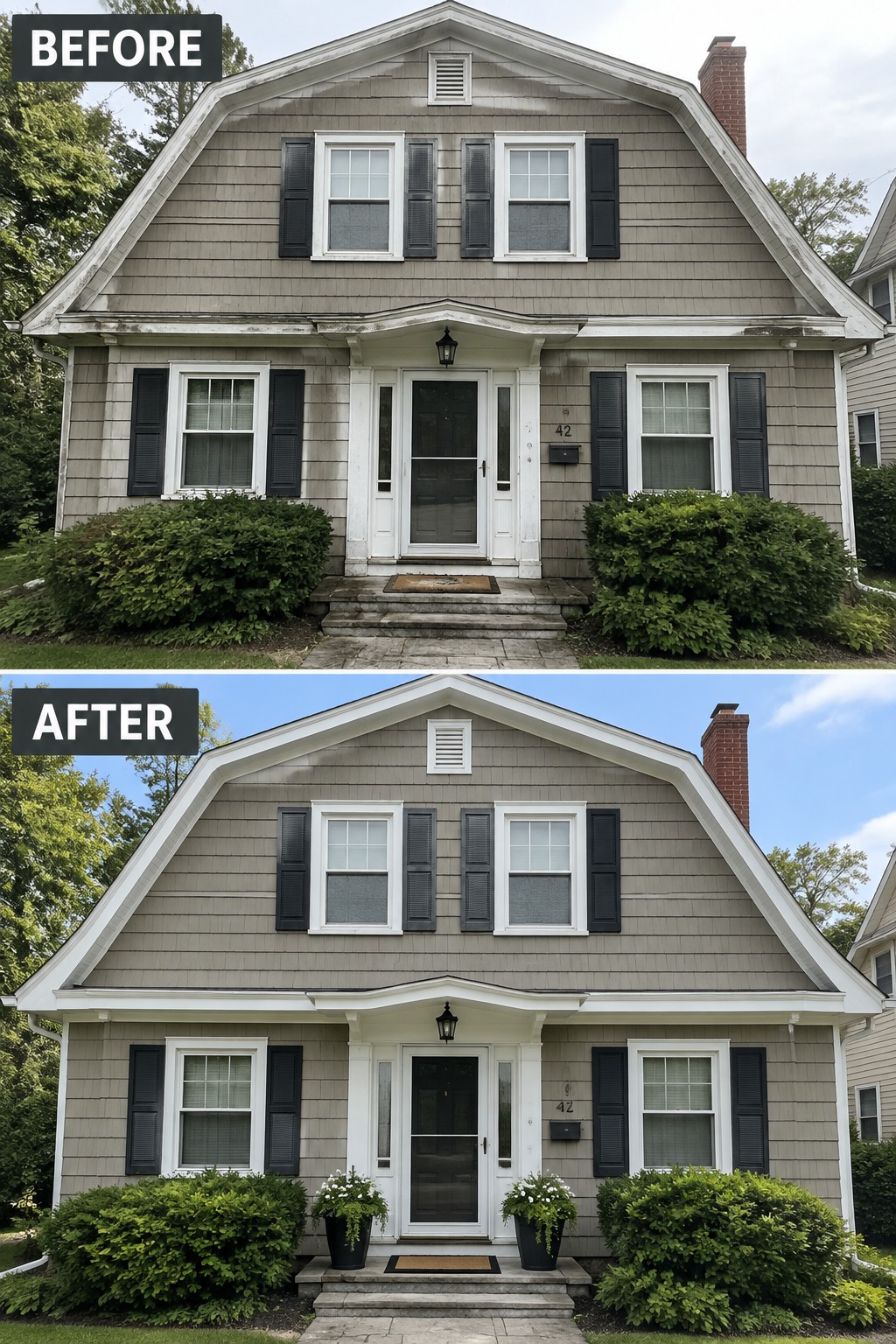 Before-and-after image of a Dutch Colonial house exterior with planters added at the front steps and the surrounding shrubs trimmed.