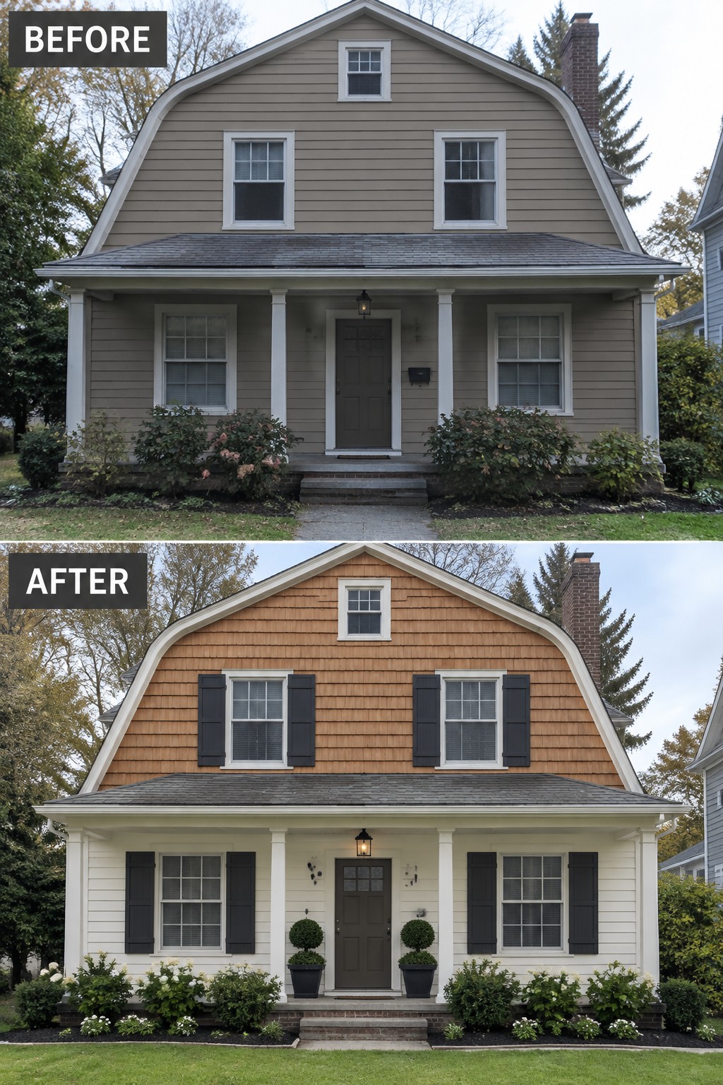 Before-and-after image of a Dutch Colonial house with gambrel roof updated with wood shingles on the upper level and black shutters on all windows.