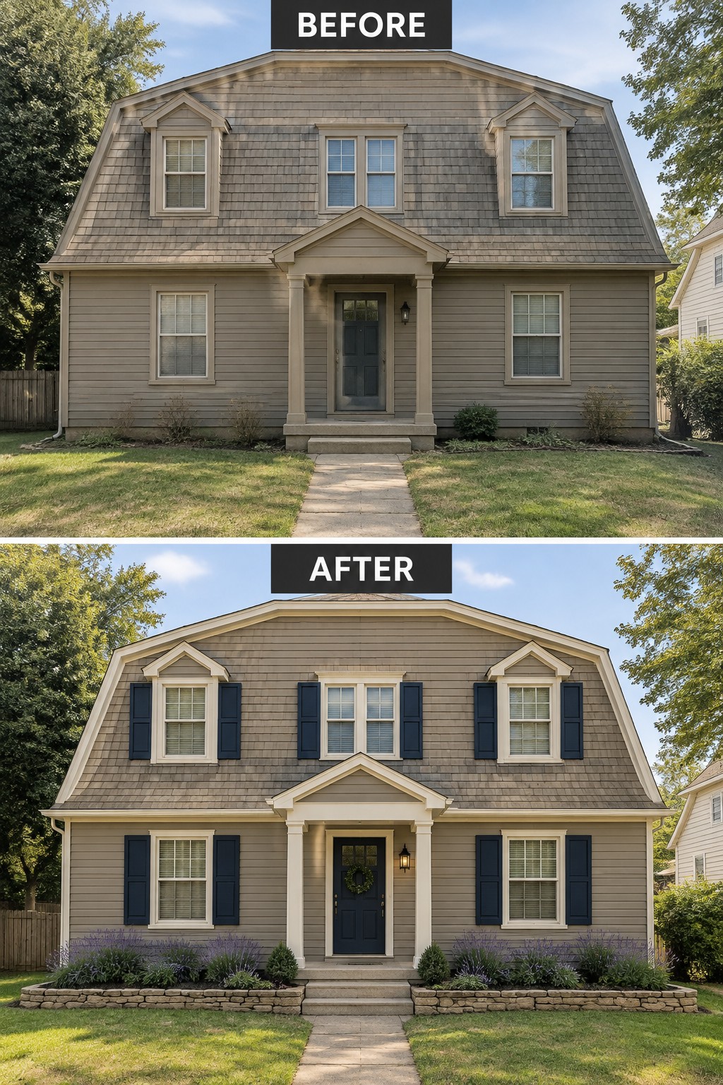 Before-and-after image of a Dutch Colonial house with a gambrel roof updated by adding dark shutters, white window trim, and defined garden beds.