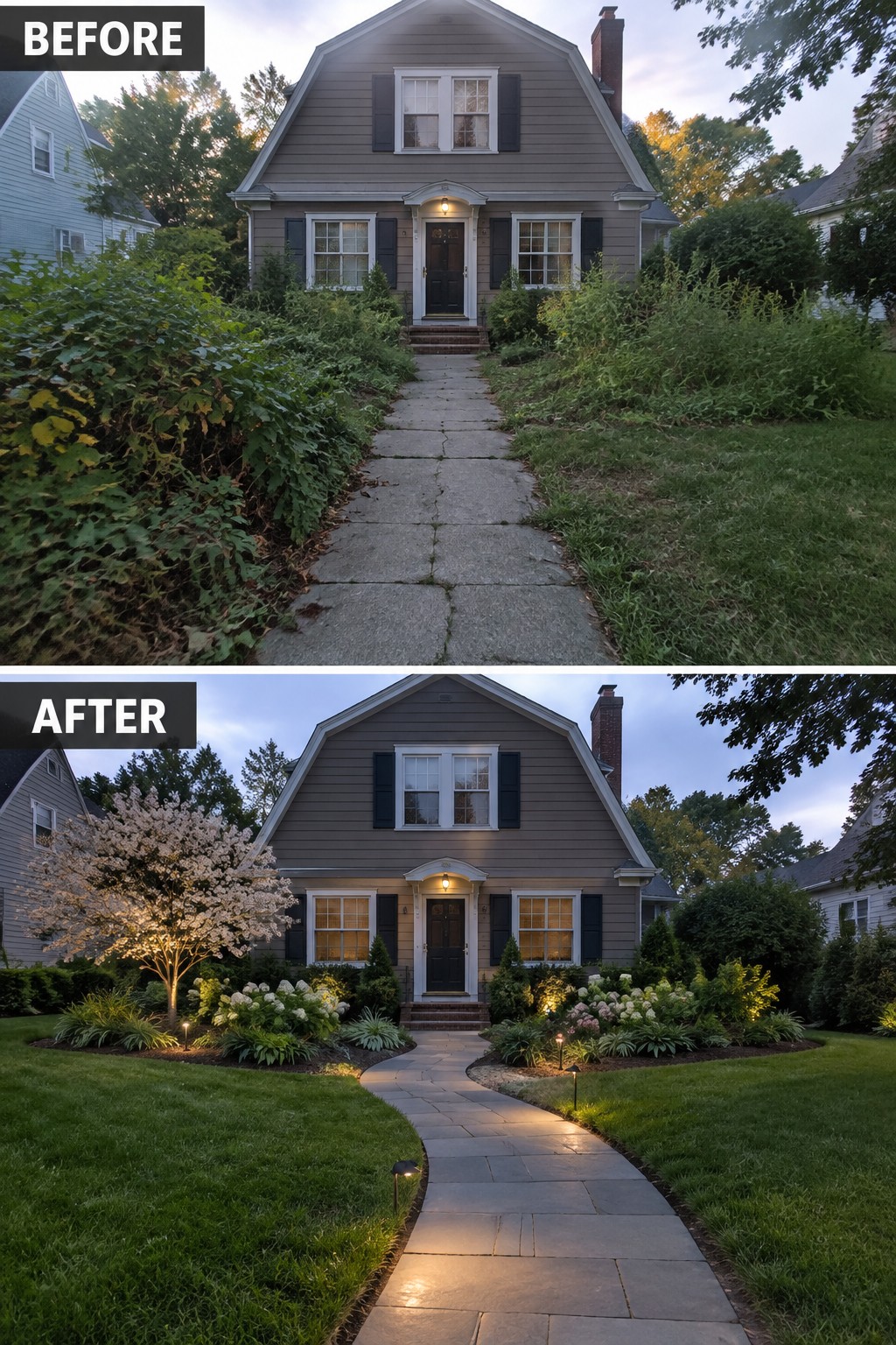 Before and after of a house with overgrown versus landscaped front yard and path.
