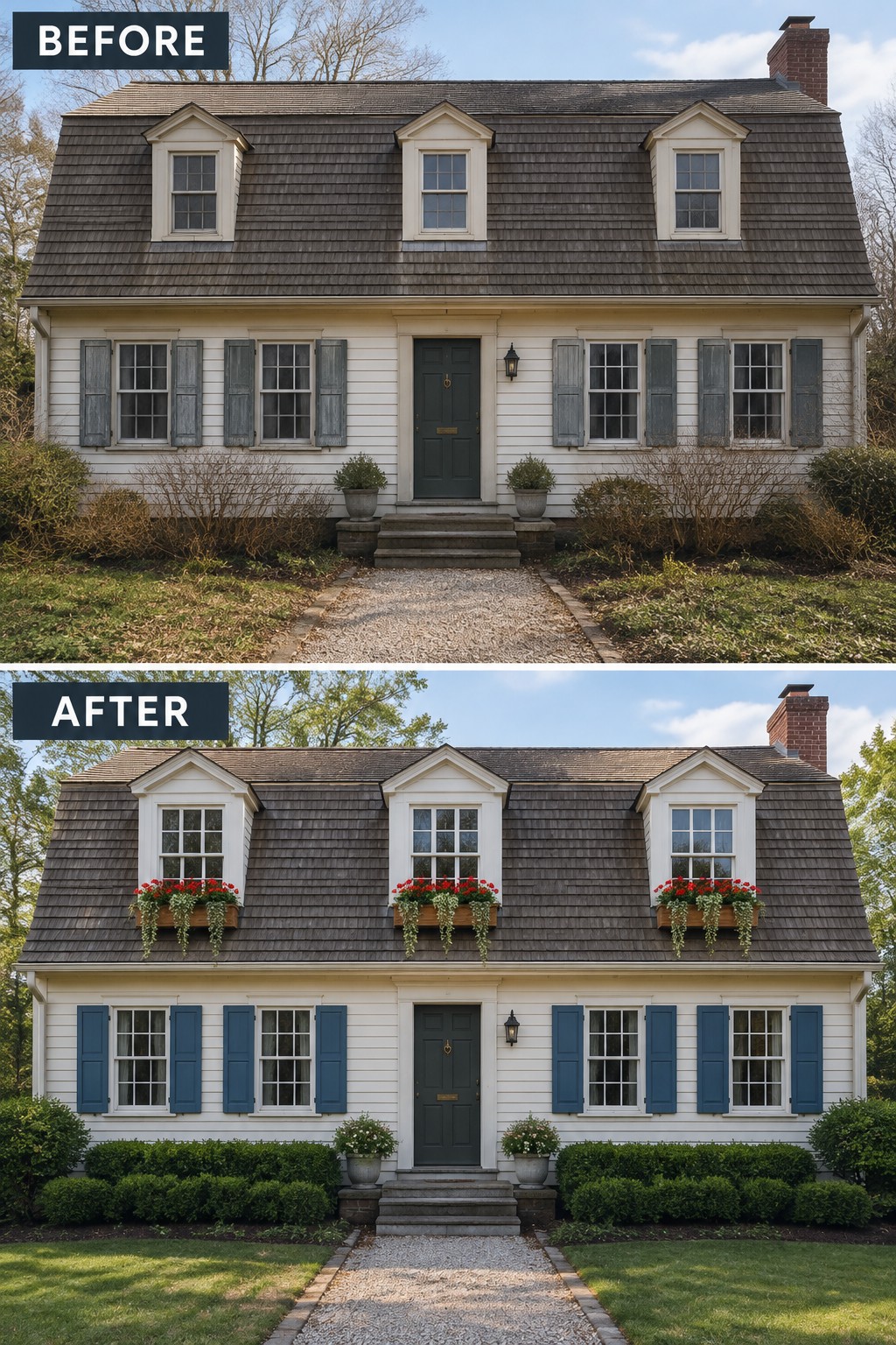 Before-and-after image of a Dutch Colonial house exterior with flower boxes added to the dormer windows and updated landscaping.