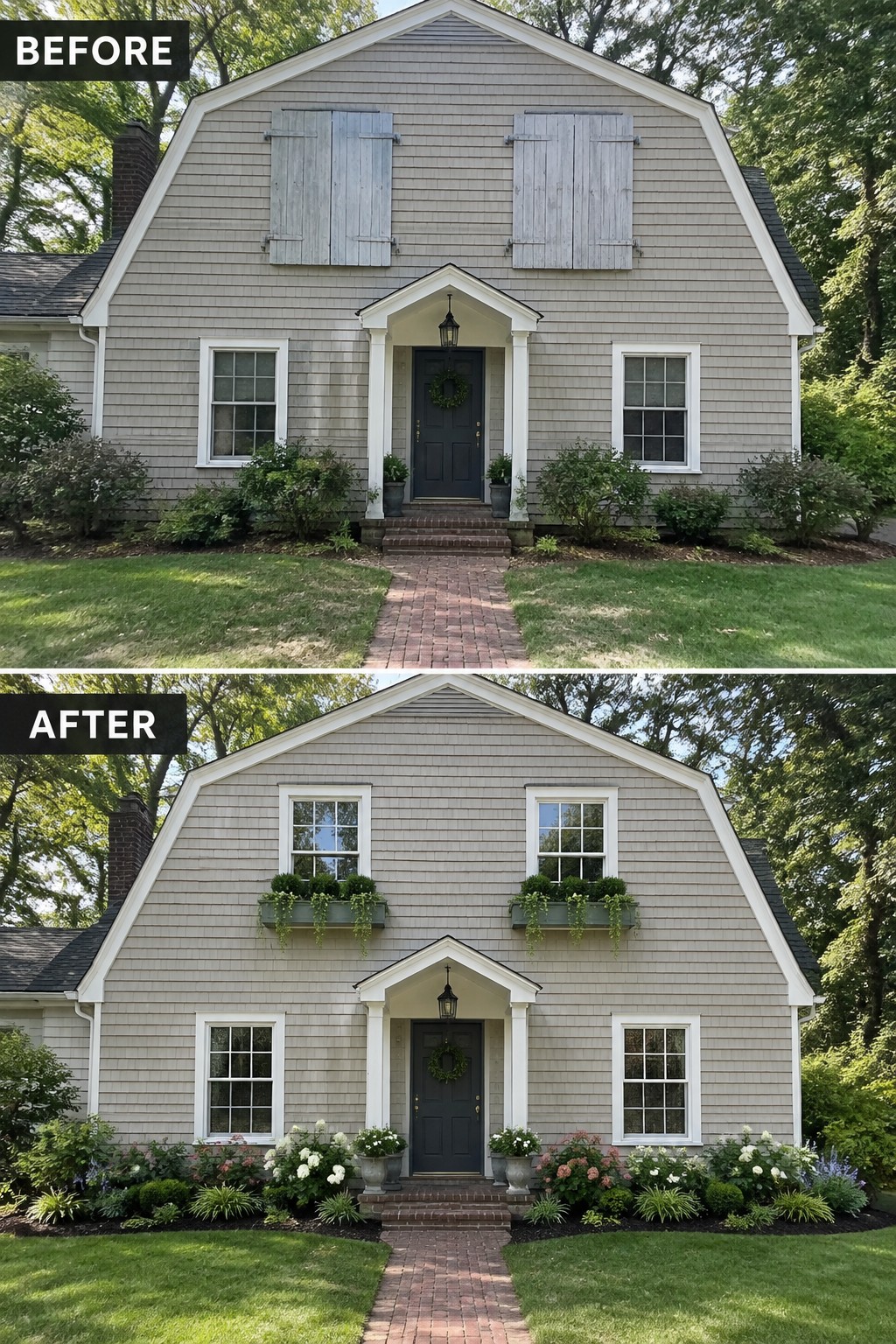 Before and after house exterior with added flower boxes and colorful landscaping.
