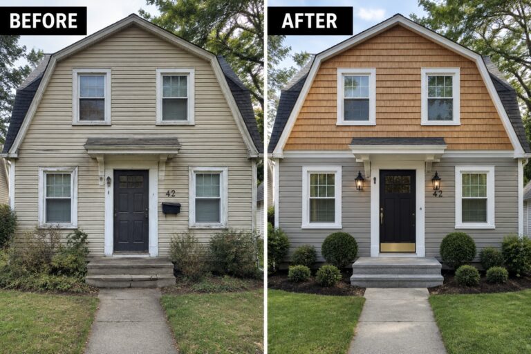 23 Elegant Dutch Colonial Exterior Makeovers With Gambrel Roofline Details Before-and-after image of a Dutch Colonial house exterior updated with two-tone siding, cedar shingles on the gambrel section, gray paint below, and new foundation shrubs.