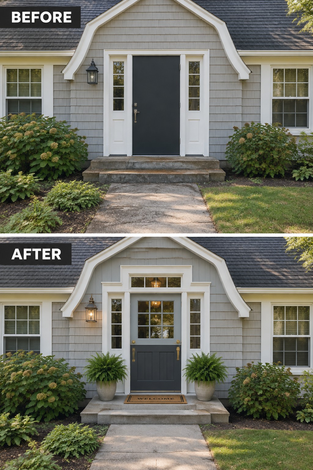 Before-and-after image of a Dutch Colonial home entry changed from a dark door with plain trim to a lighter gray door with added transom detail, potted ferns, and a welcome mat.