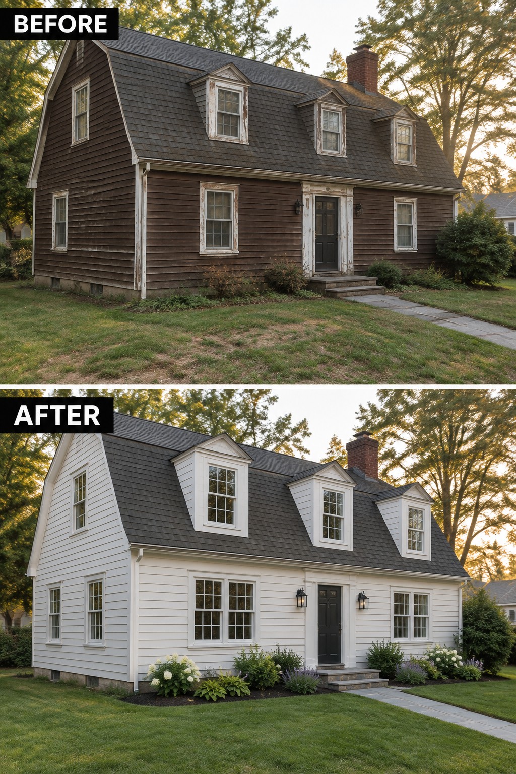 Before-and-after view of brown colonial house renovated with white siding and landscaping.