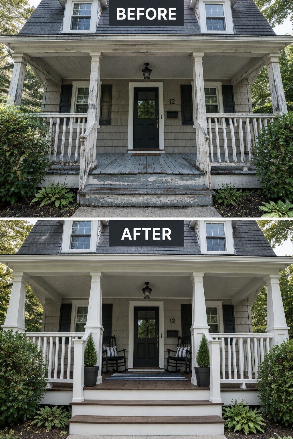 Before and after of weathered gray porch renovated with fresh white paint and rocking chairs.