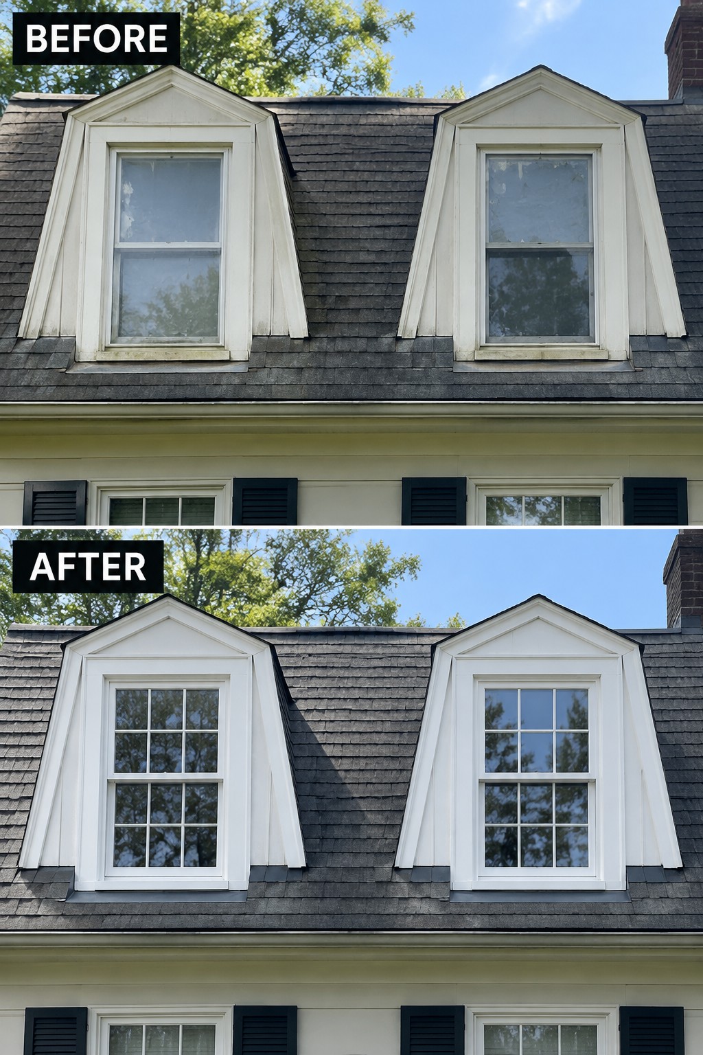Before and after of two white dormer windows on dark shingled roof