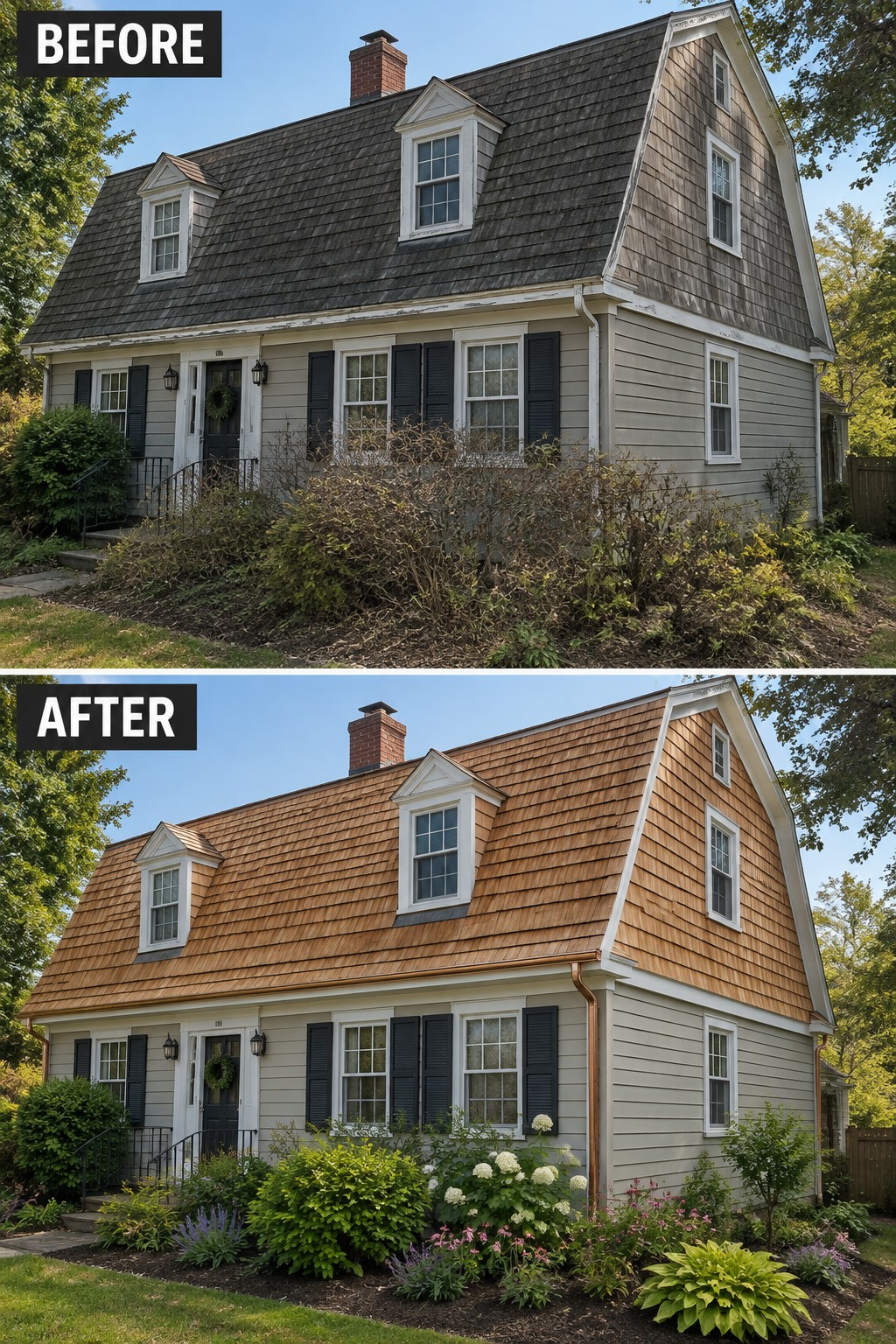 Before-and-after image of a Dutch Colonial house with gambrel roof, showing the roof updated from dark weathered shingles to cedar shakes and the front yard from overgrown to neat garden beds.