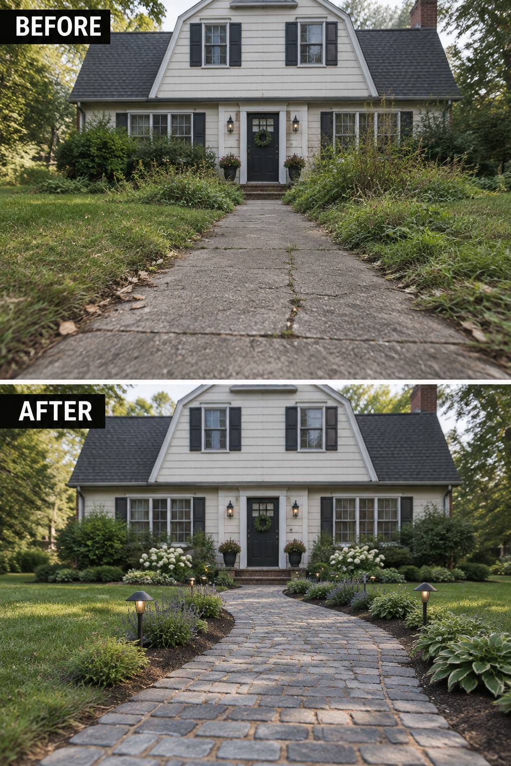 Before-after home exterior: cracked concrete path replaced by curved cobblestone walkway with new landscaping.