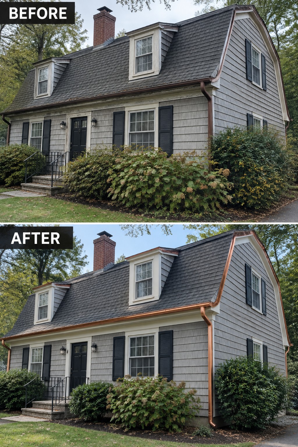 Before and after of gray house with new copper gutters and painted trim.