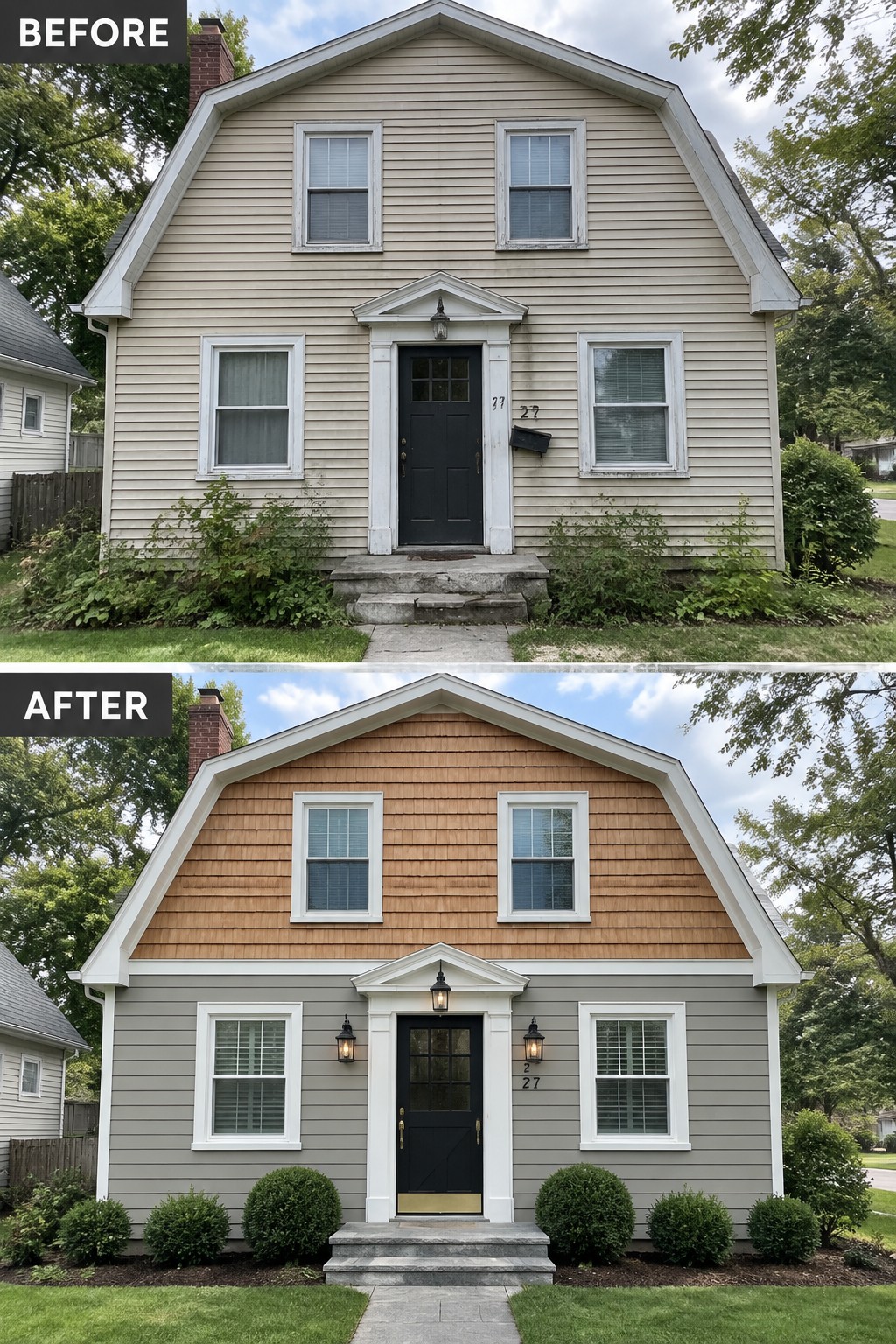 Before-and-after image of a Dutch Colonial house exterior updated with two-tone siding, cedar shingles on the gambrel section, gray paint below, and new foundation shrubs.