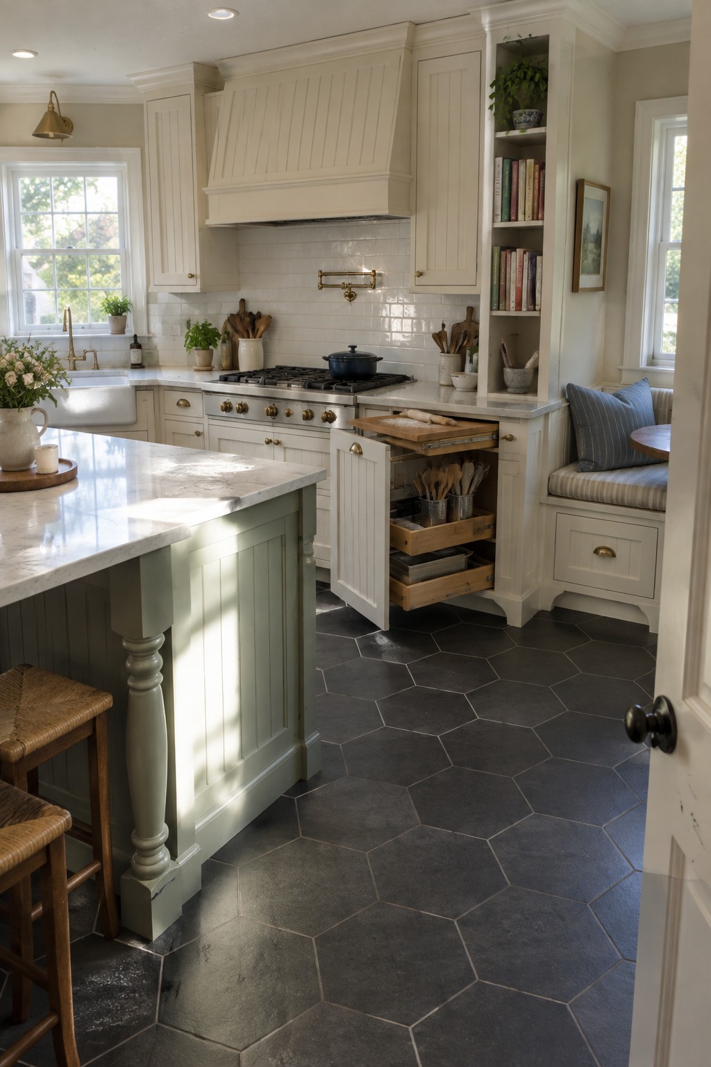 A wooden pull-out board extends from the end of a kitchen cabinet beside the range.