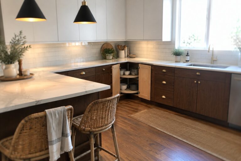 23 Flexible End Corner Cabinet Ideas for Awkward Kitchen Layouts An open angled corner cabinet with shelves of jars sits between dark wood kitchen cabinets.