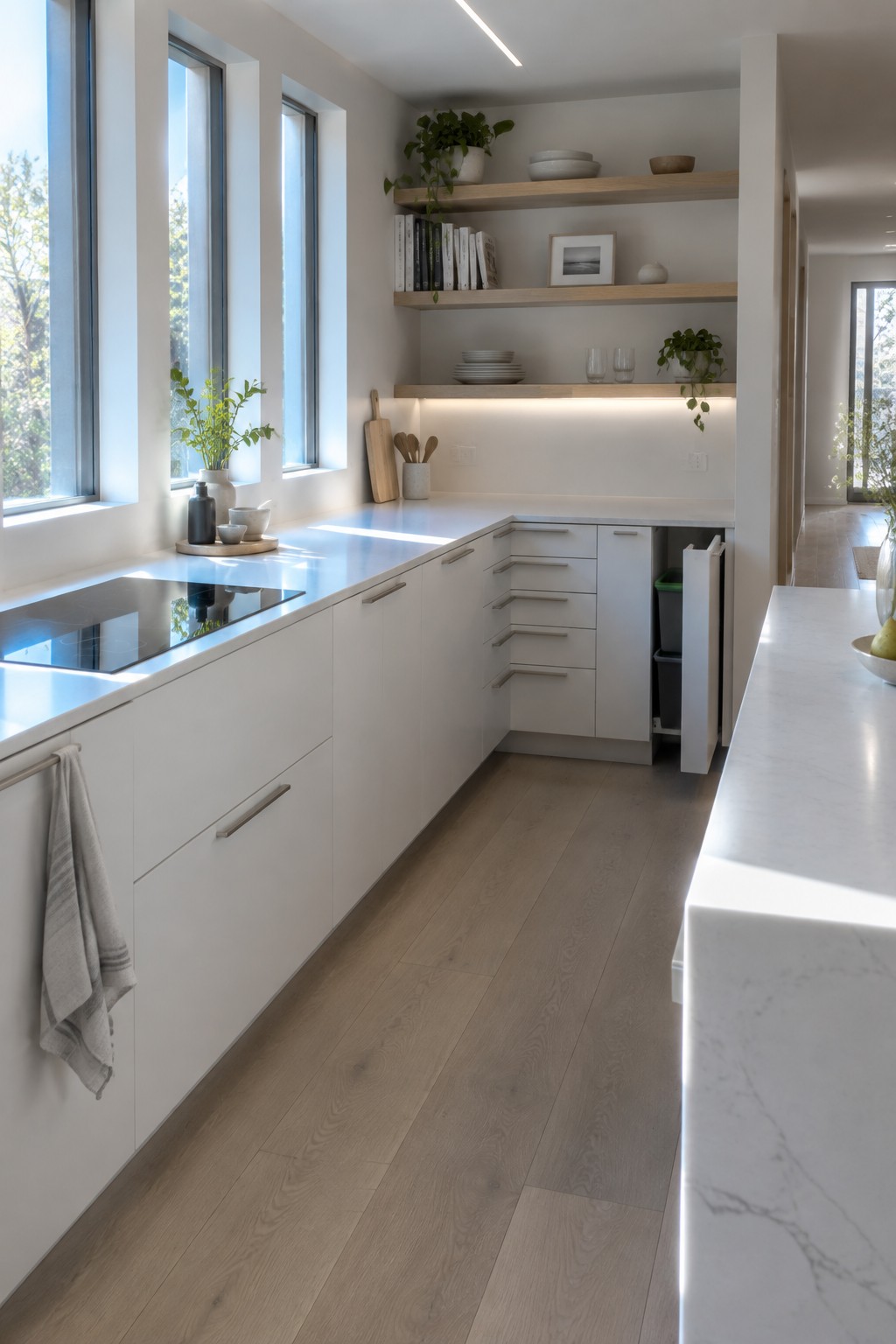 A narrow white kitchen with cabinets turning along the back wall, open wood shelves, and a clear walkway beside a marble island.