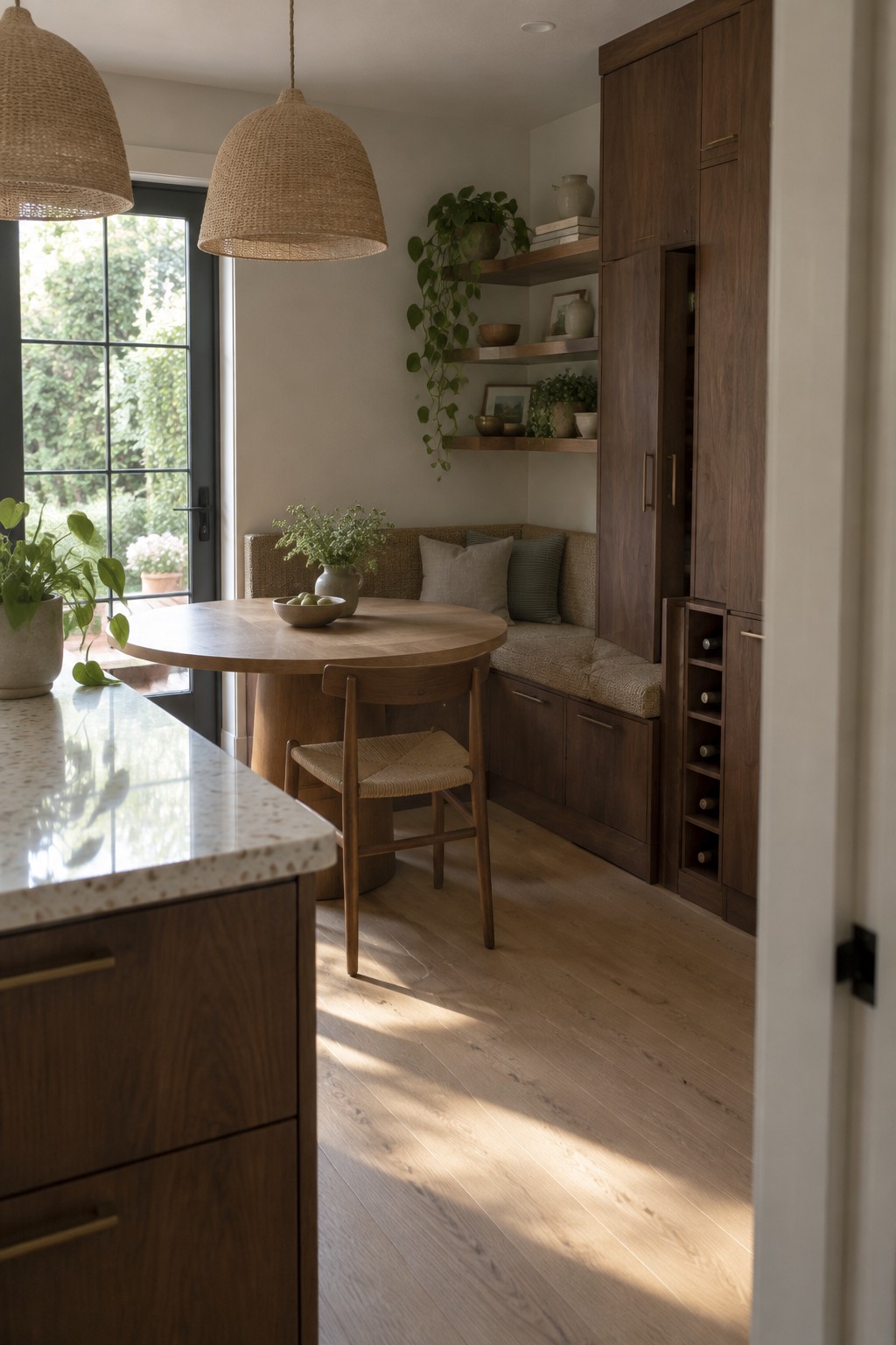 A kitchen nook with a built-in bench beside dark wood cabinets, a round table, and a woven-seat chair.