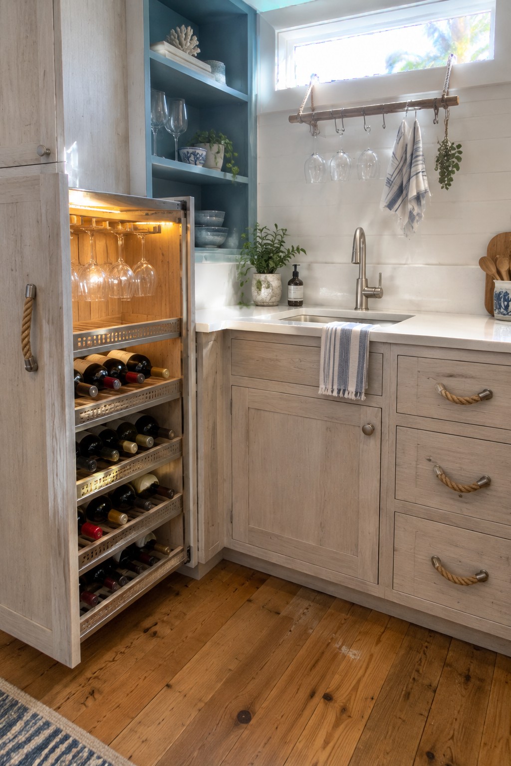 A pull-out wooden cabinet with several metal racks holding wine bottles beside a kitchen sink.