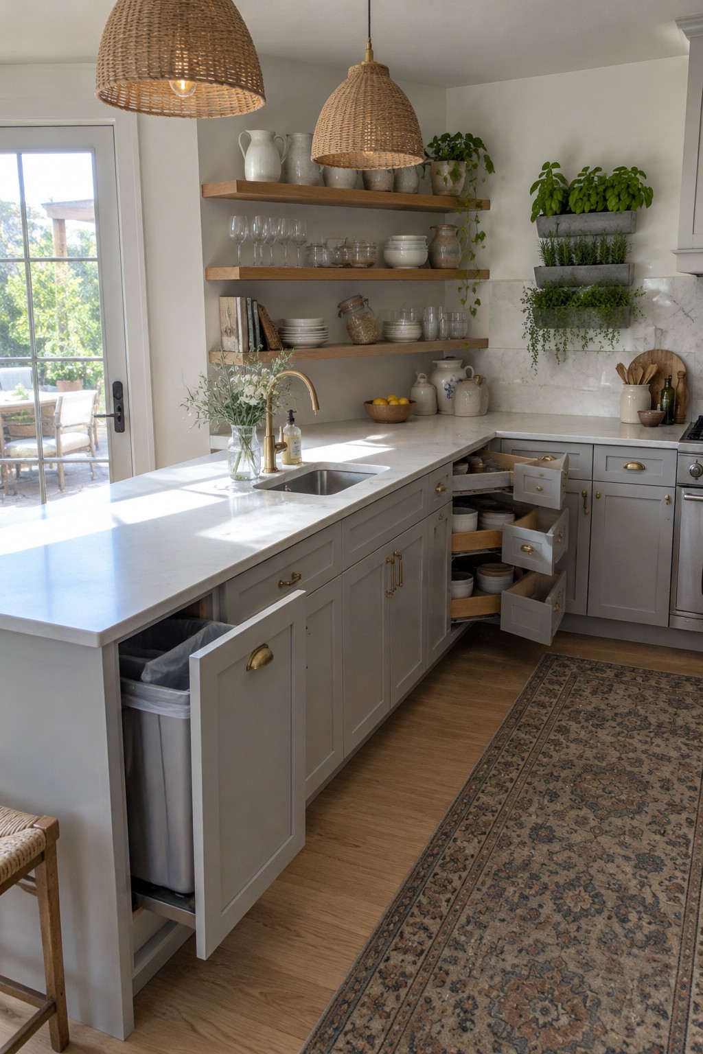 Gray kitchen cabinets have several open drawers holding dishes beside a white countertop.