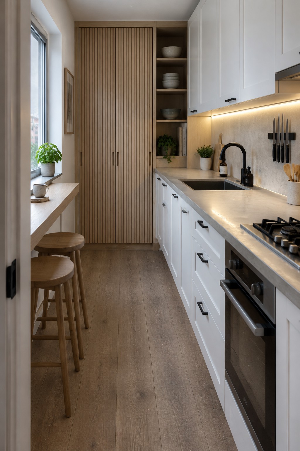 A narrow kitchen with a floor-to-ceiling slatted wood cabinet beside white cabinets, a countertop, and a sink.